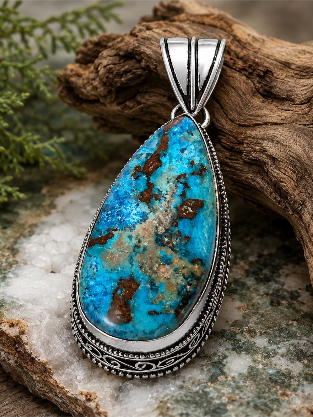 RUBYRUDI Artisan Blue CHRYSOCOLLA and Brown Matrix Teardrop Pendant